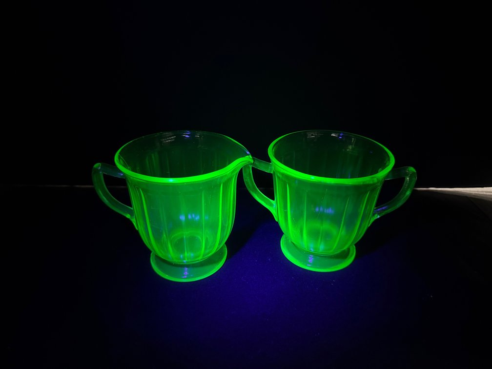 Green Uranium Glass Creamer and Sugar Set