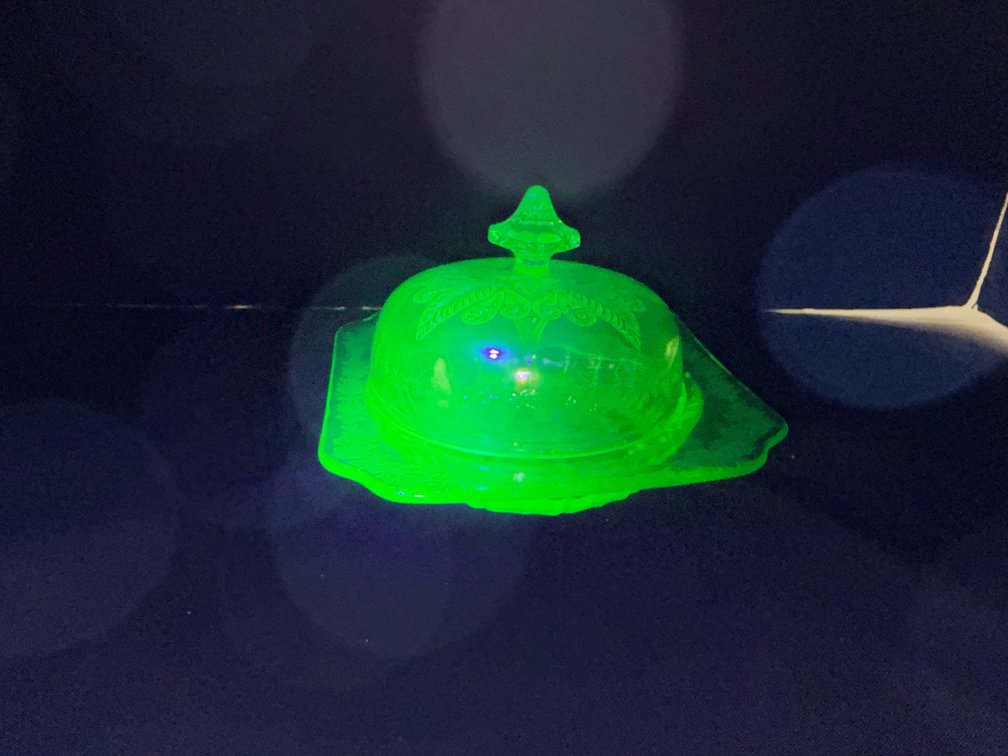 Green Uranium Depression Glass Covered Butter Dish