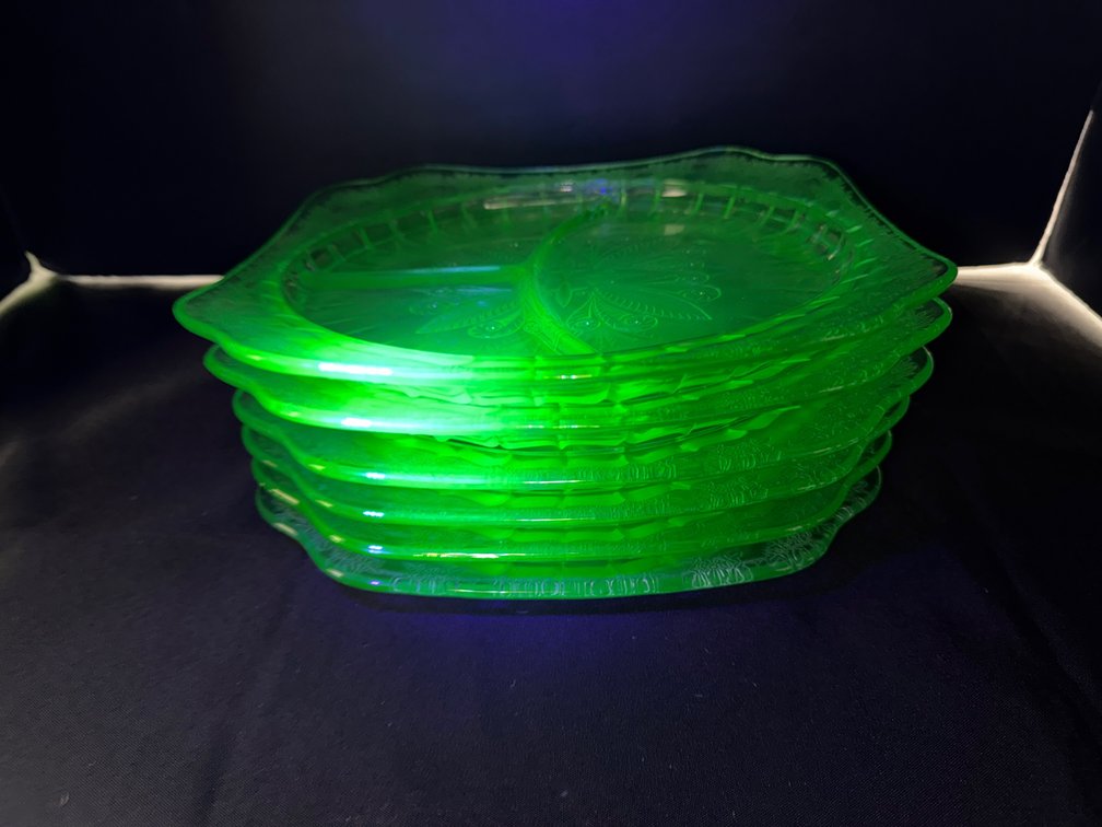 Green Depression Uranium Glass Divided Grill Plates