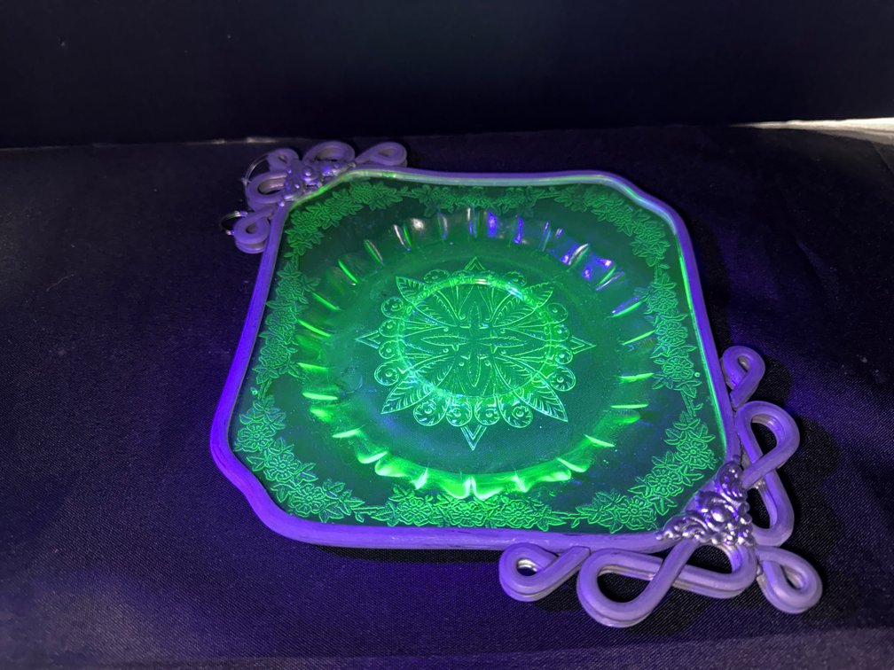 Uranium Depression Glass Server in Metal Mount