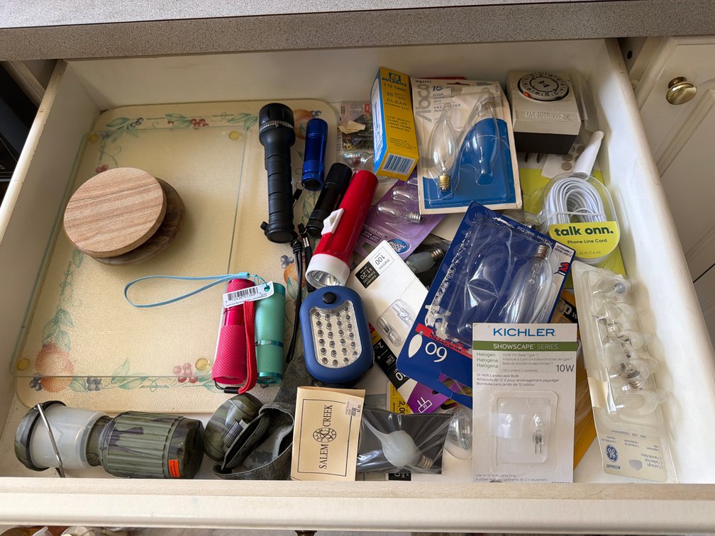 Assorted Portable Lights, Specialty Bulbs, and Utility Hardware Lot