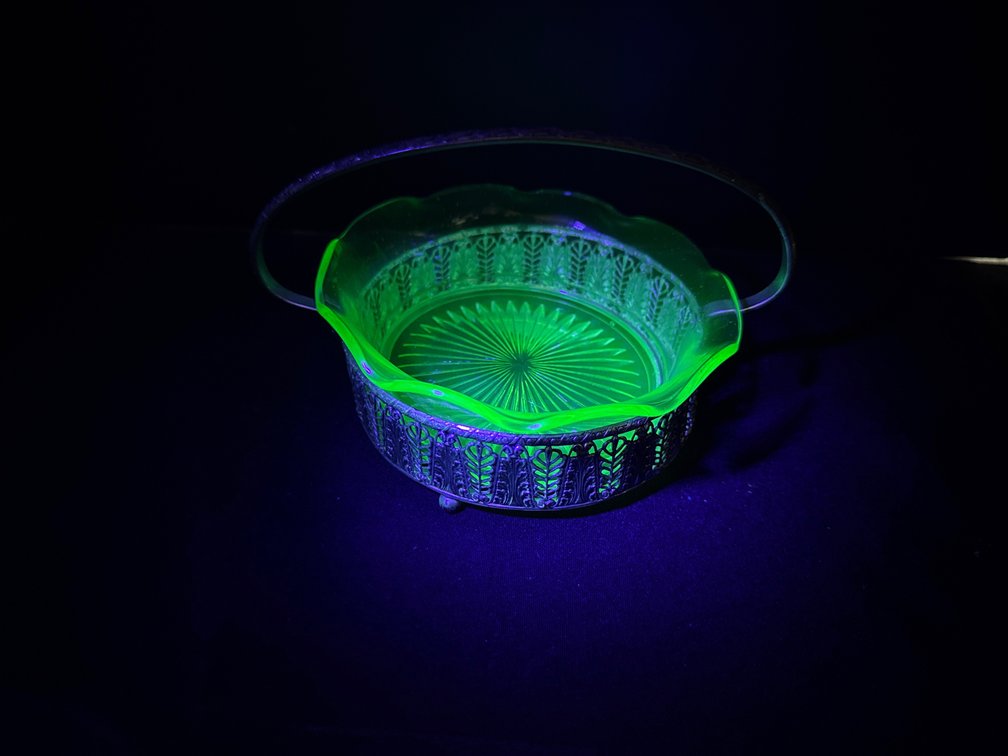 Uranium Glass Bonbon Dish in Metal Basket