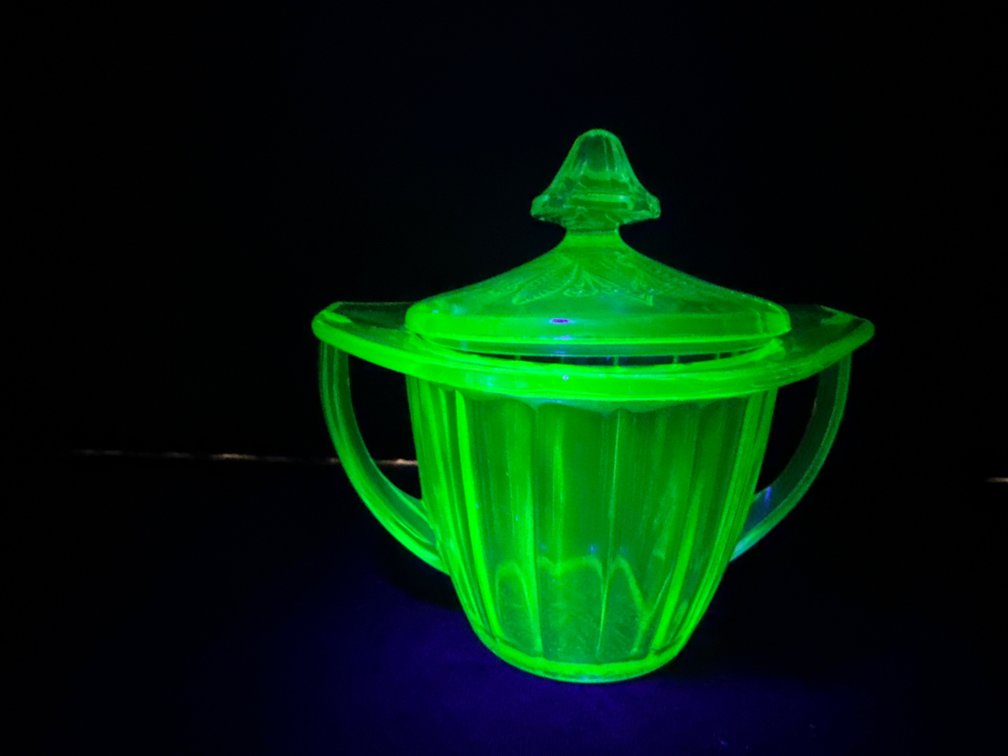 Green Uranium Depression Glass Covered Sugar Bowl