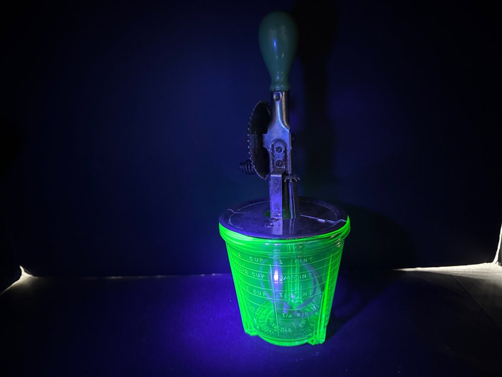 A&J Hand-Crank Beater with Green Uranium Glass Measuring Jar