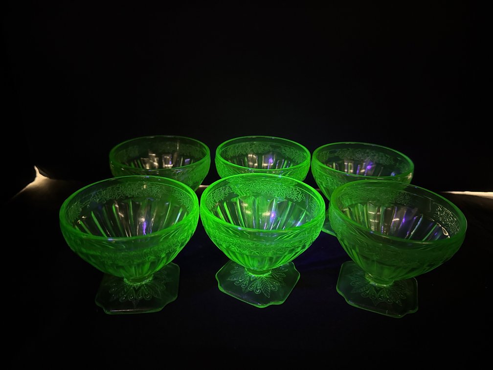 Green Uranium Depression Glass Footed Dessert Cups and