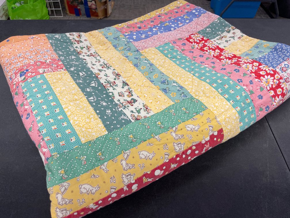 Patchwork Strip Quilt with Floral Appliqué Border, 72 x 96 In.