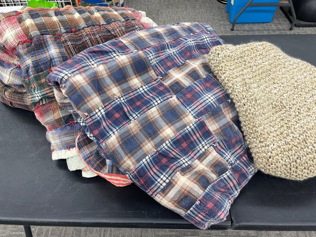 Plaid Patchwork Tied Quilts and Knit Prayer Shawl
