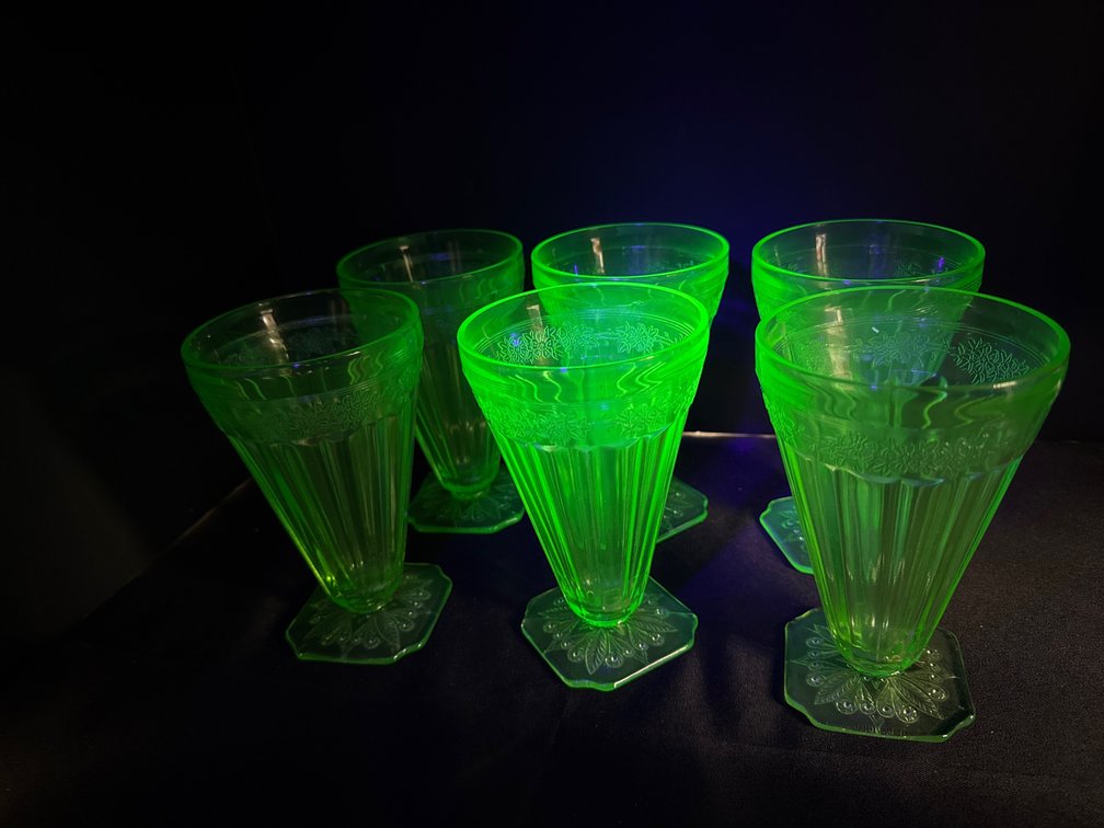 Green Uranium Pressed Glass Footed Tumblers