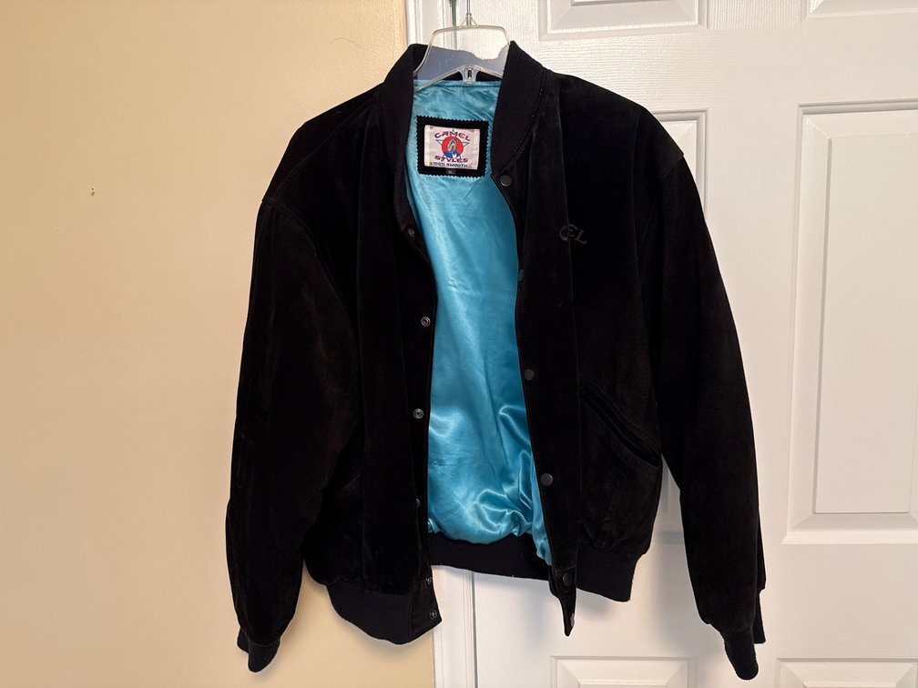 Camel Styles Black Suede Bomber Jacket, Size XL