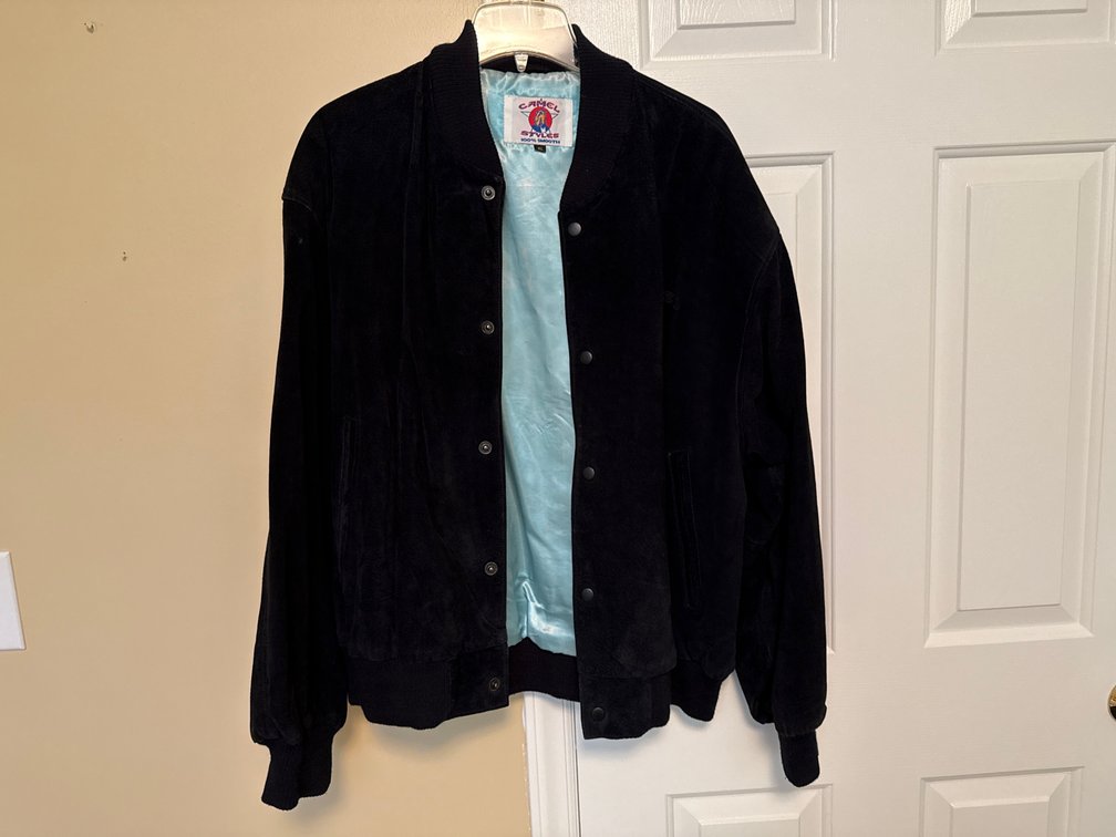 Camel Styles Black Suede Bomber Jacket, Size XL