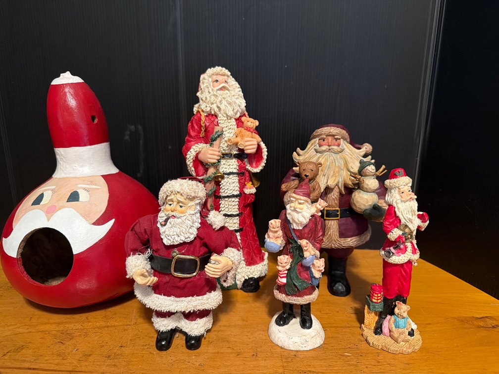 Santa Claus Figurines and Painted Gourd Birdhouse
