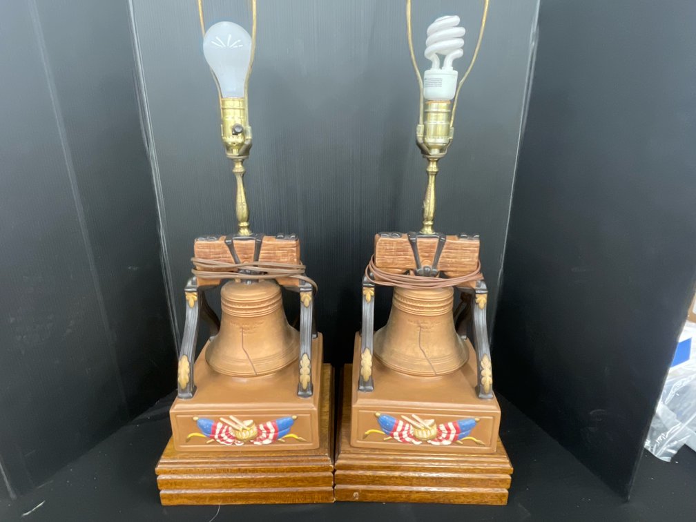 Pair of Atlantic Mold Liberty Bell Ceramic Table Lamps
