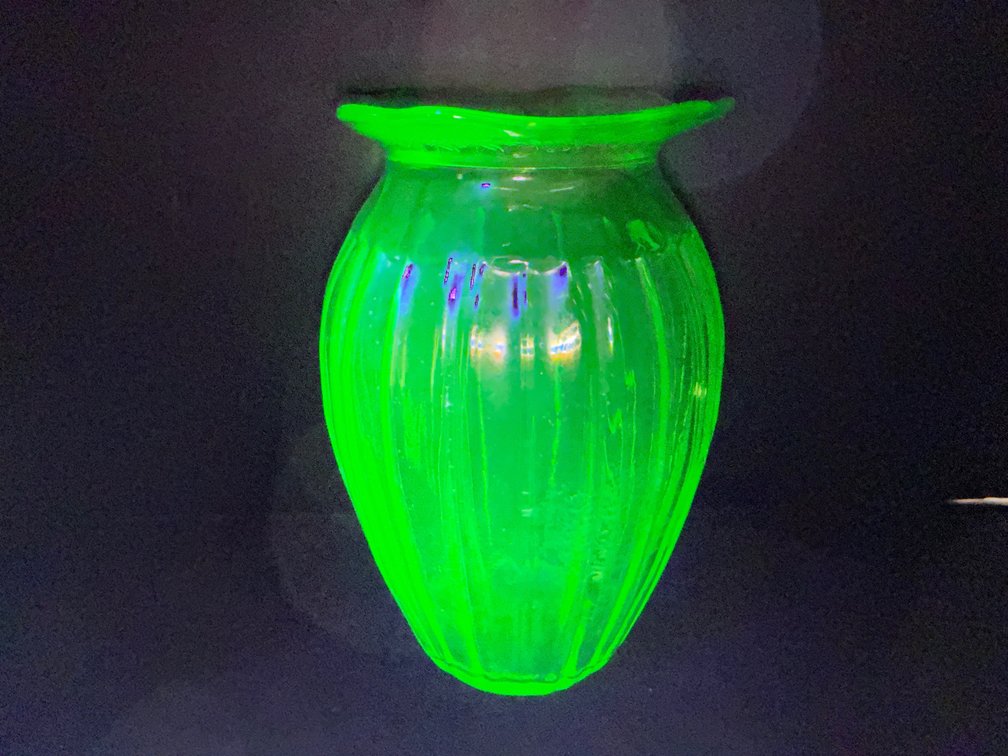 Green Uranium Ribbed Glass Vase