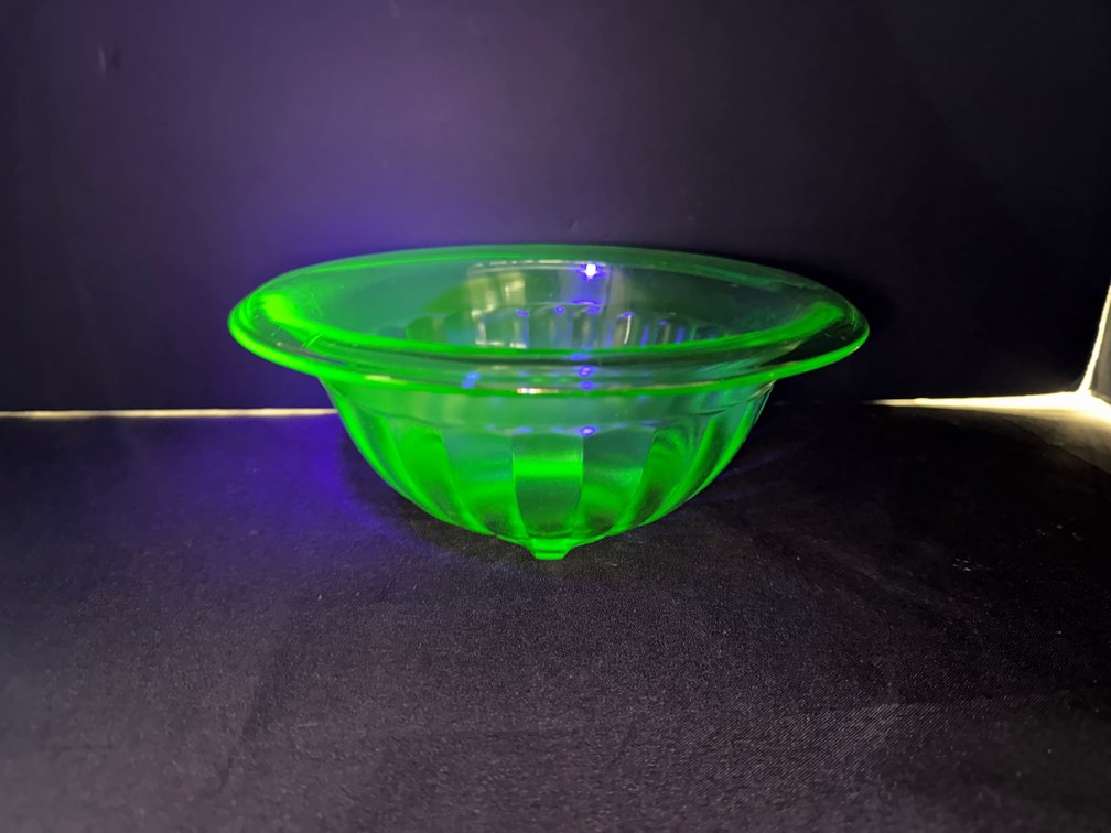 Green Ribbed Uranium Glass Footed Bowl