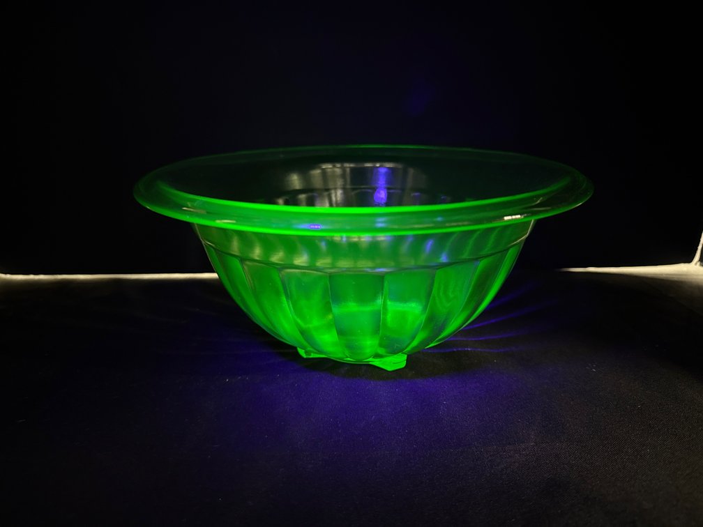 Green Uranium Glass Ribbed Footed Bowl