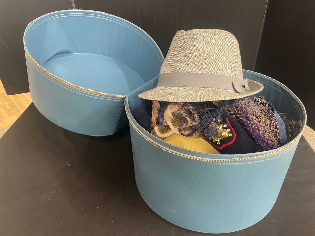 Collection of Hats, Headpieces, and Hat Box