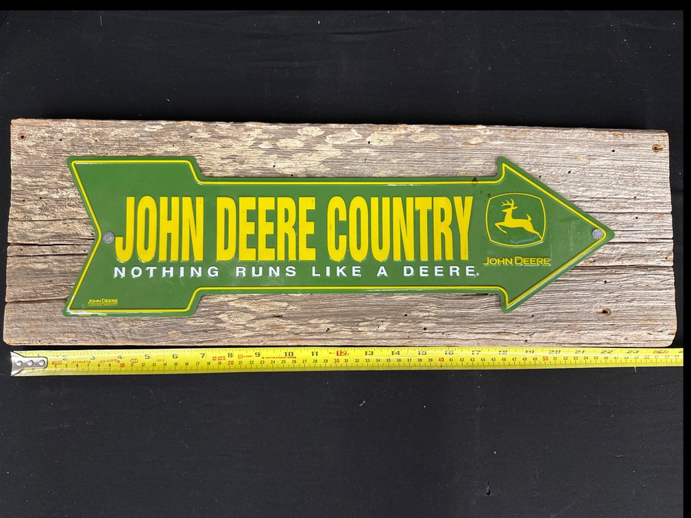 John Deere Country Embossed Metal Arrow Sign on Wood Plank
