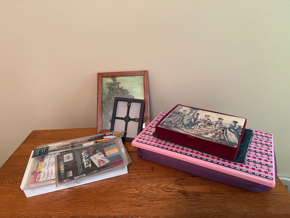 Art Supplies, Lap Desk, Picture Frames, and Decorative Box