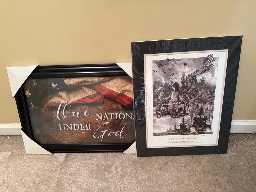 Framed American Flag and Matted WWII Art Prints