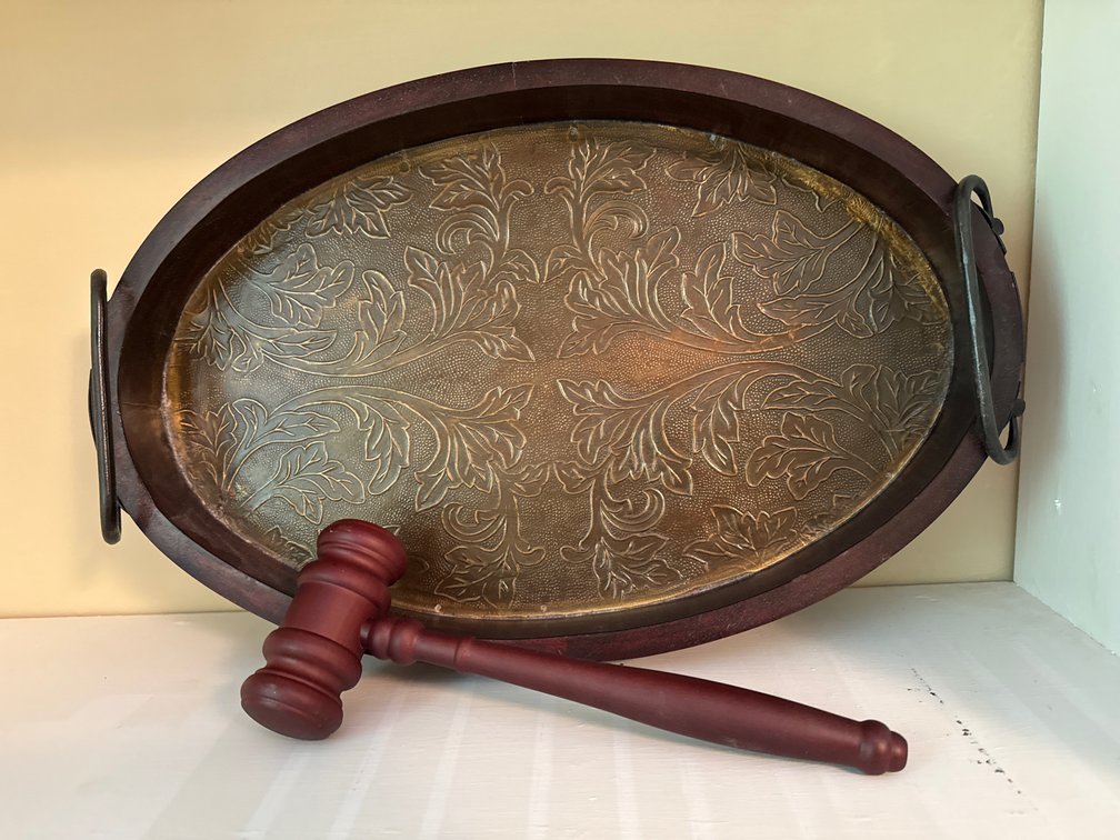 Oval Wood and Embossed Metal Tray with Wooden Gavel