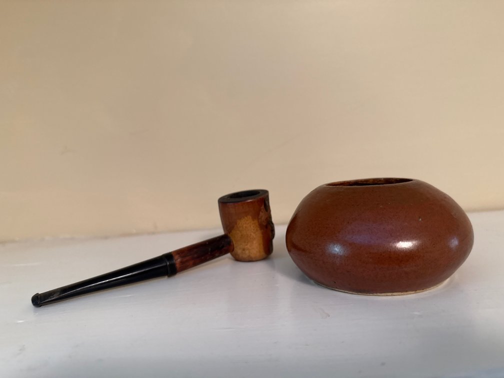 Wooden Smoking Pipe and Glazed Ceramic Vessel