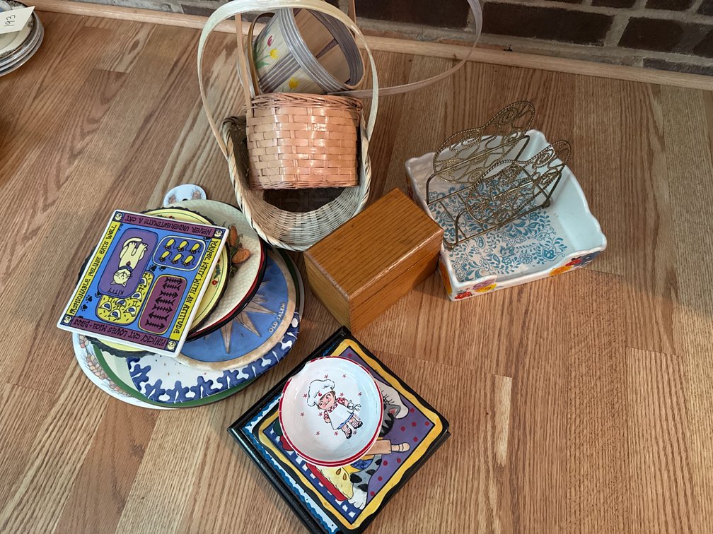 Decorative Ceramic Trivets, Wood Recipe Box, and Baskets