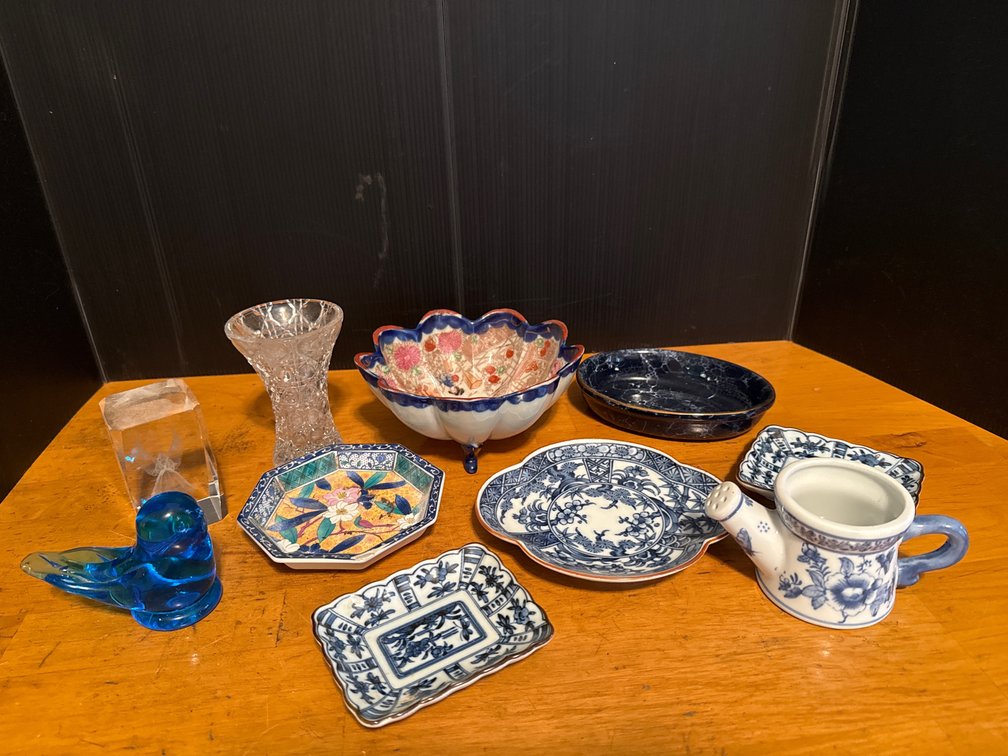Porcelain Dishes, Cut-Glass Vase, and Decorative Glassware