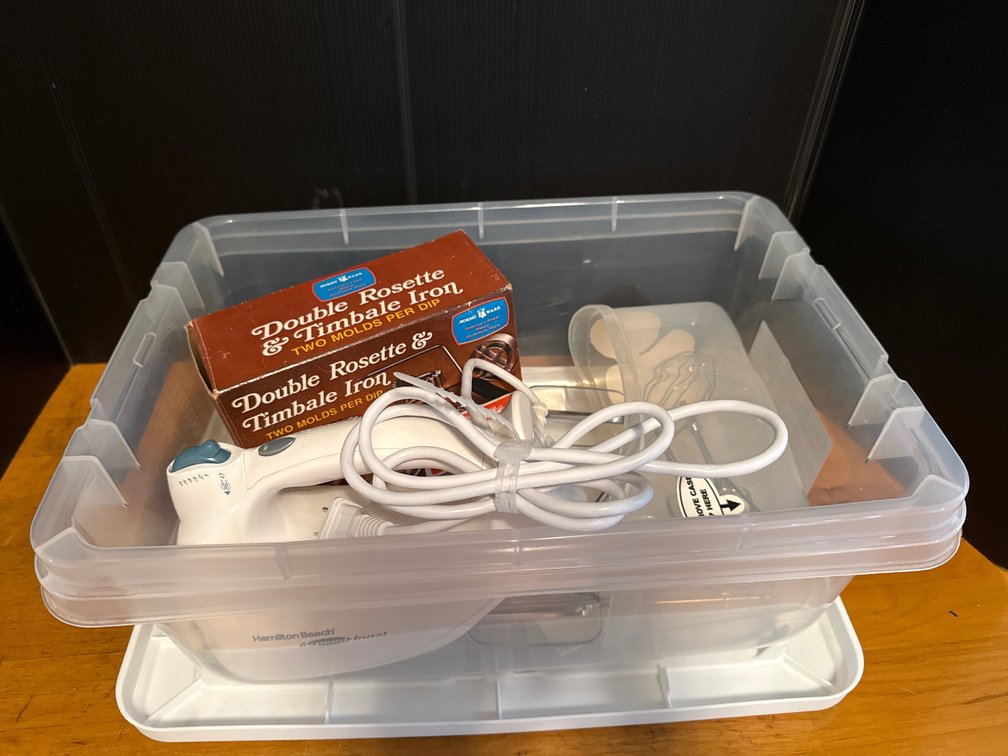 Electric Hand Mixer, Rosette Iron Set, and Storage Tote
