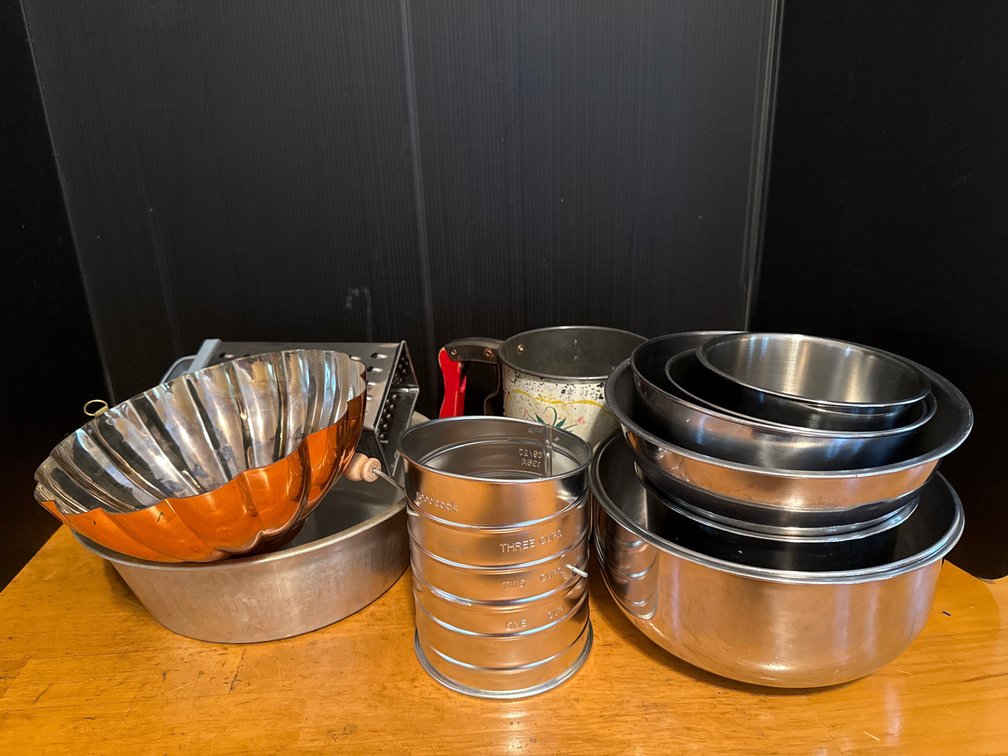 Stainless Steel Mixing Bowls, Cake Pan, Sifters, and More