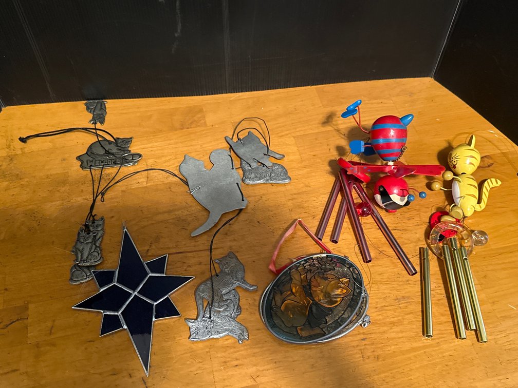 Novelty Wind Chimes, Glass Suncatchers, and Cat Ornaments