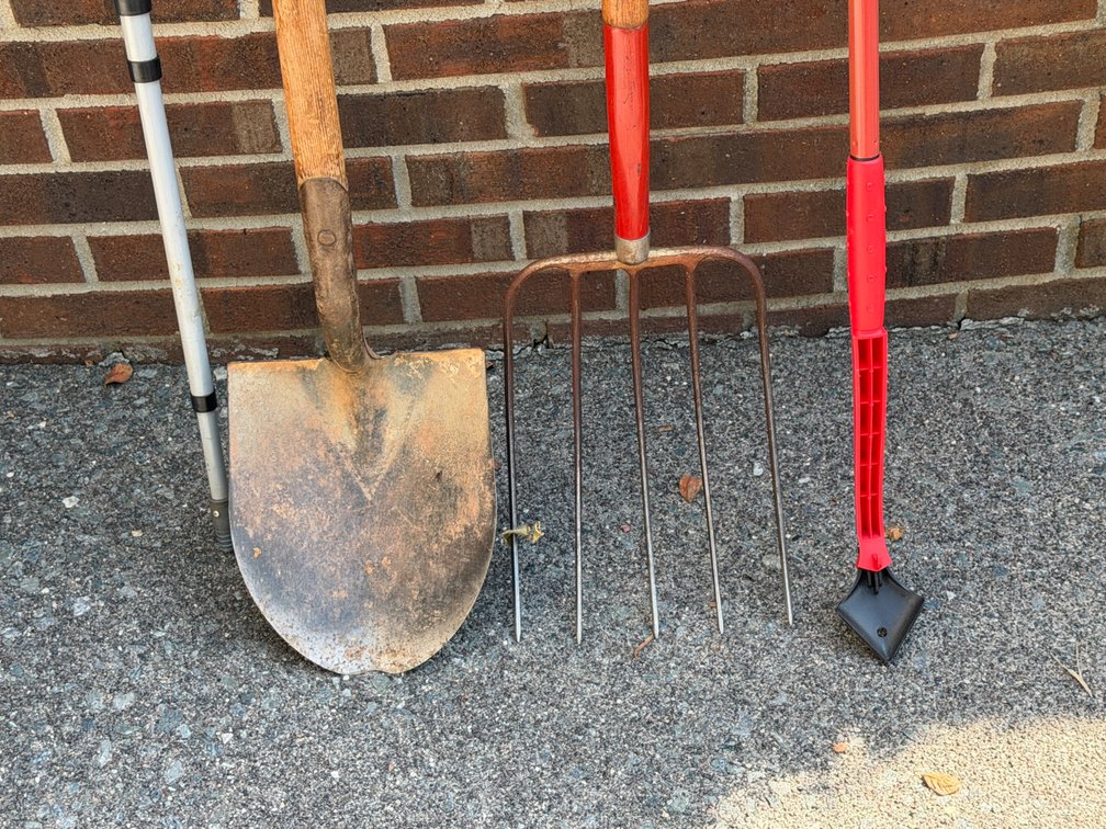 Round-Point Shovel, Pitchfork, Extension Pole, and Scraper