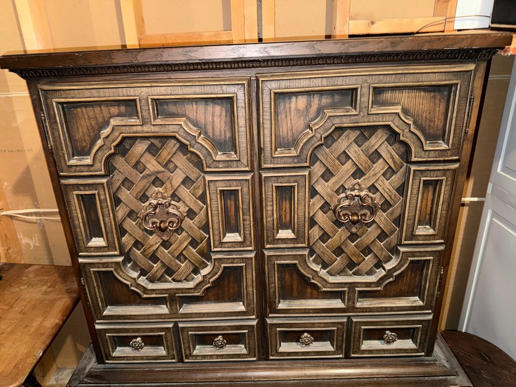 Carved Wood Two-Door Cabinet with Basketweave Panels