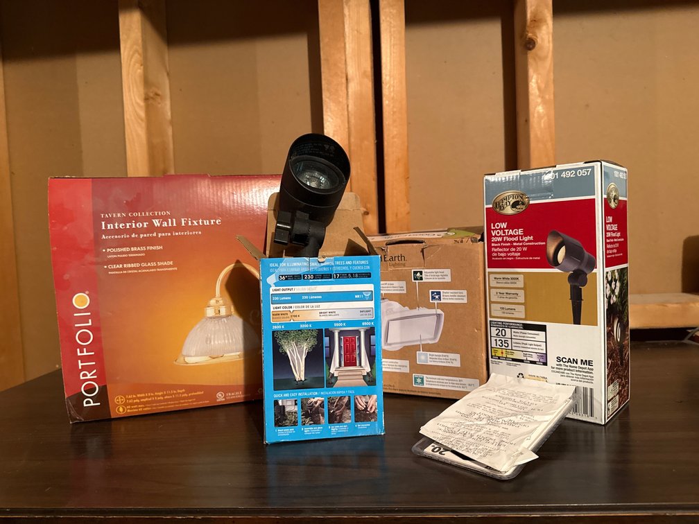 Interior Wall Fixture, Outdoor Flood Lights, and Bulbs