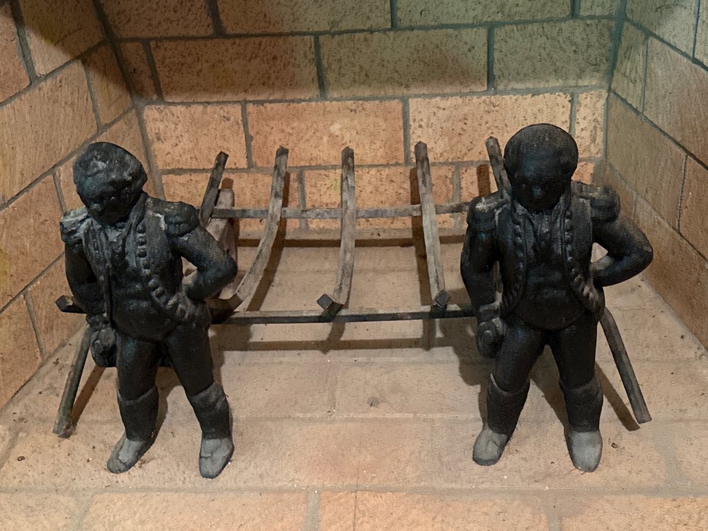 Cast Iron Hessian Soldier Andirons with Fireplace Log Grate