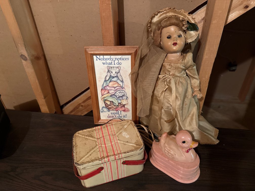 Doll, Duck Night Light, Tin Box, and Framed Print