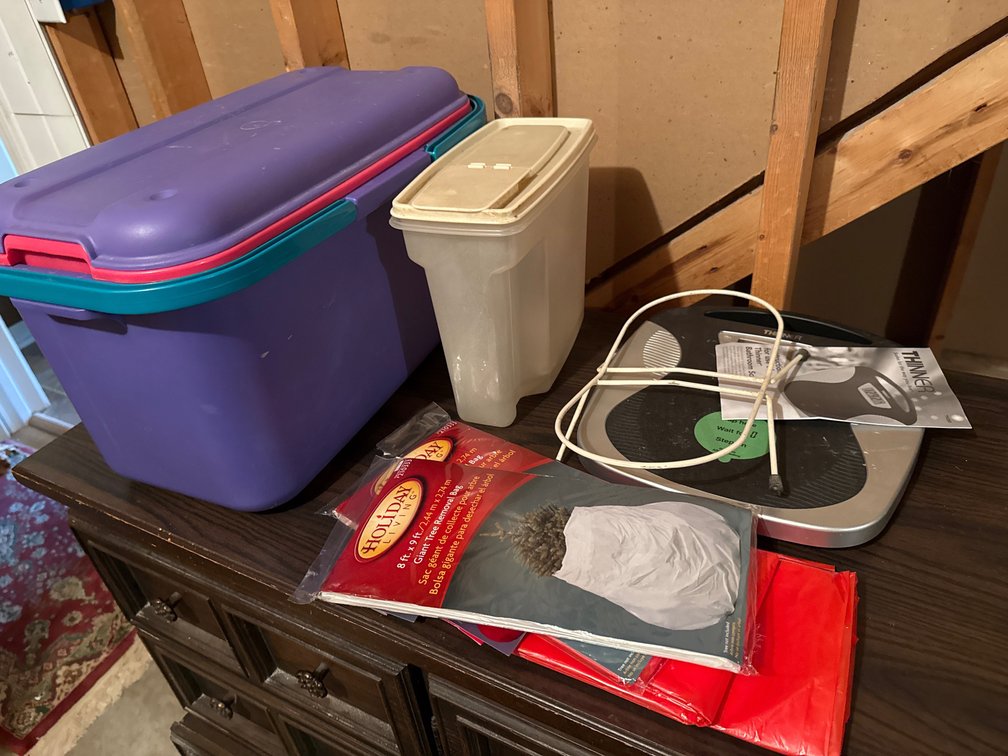 Plastic Storage Tote, Digital Bathroom Scale, and Food Dispenser