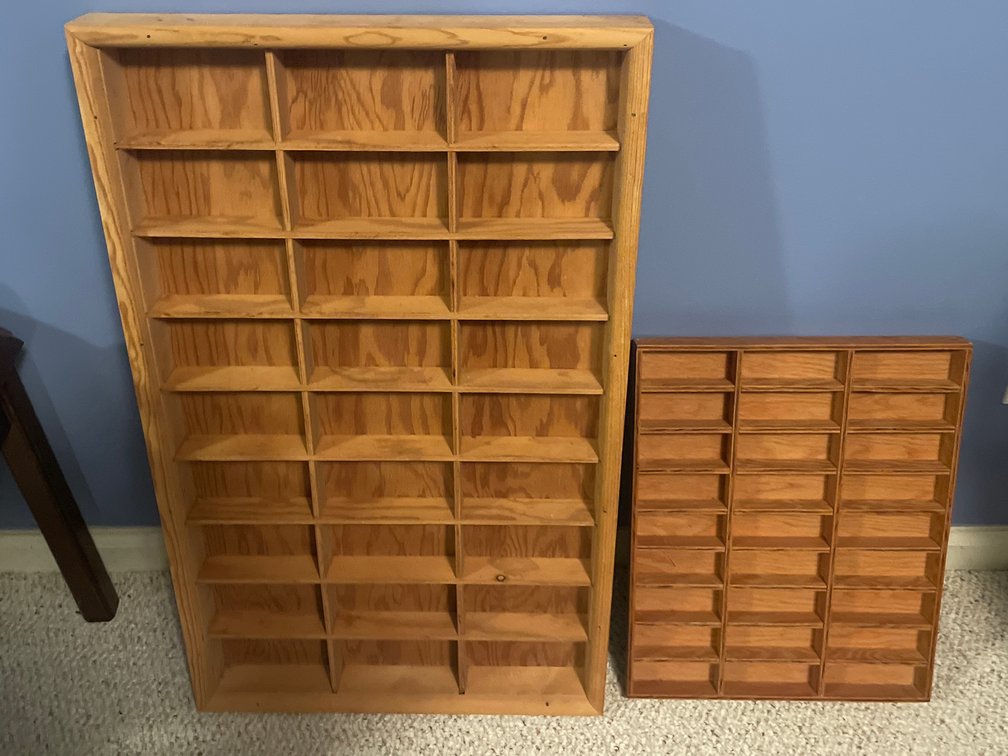 Two Wooden Multi-Compartment Curio Display Shelves