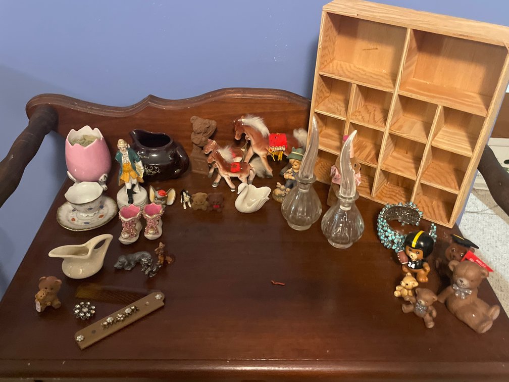 Wooden Curio Shelf, Miniature Figurines, Glassware, and More