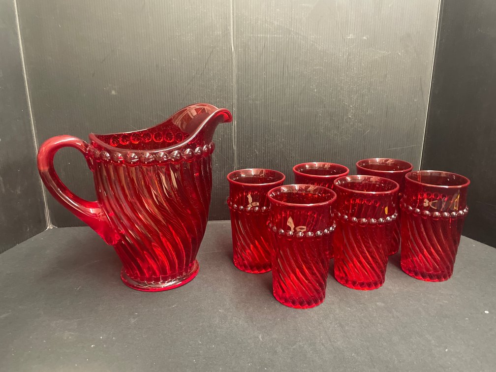 Ruby Red Pressed Glass Pitcher and Tumblers Set