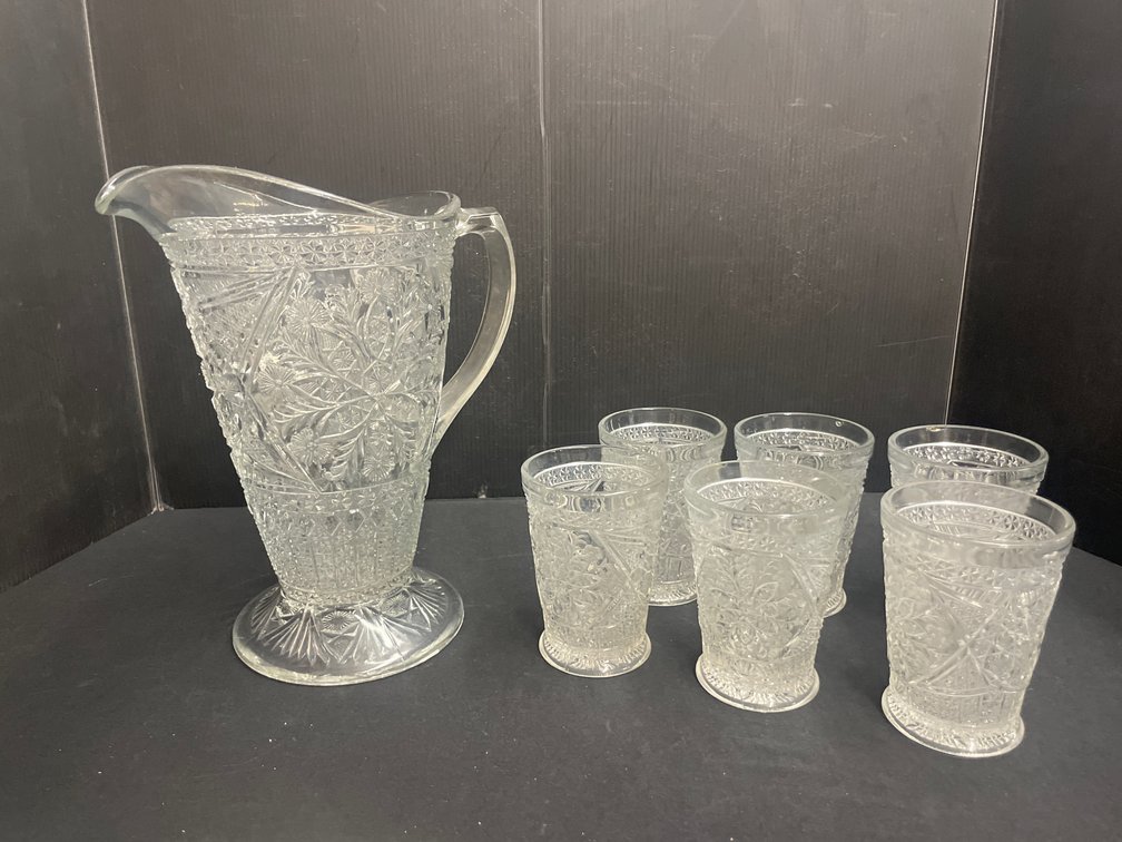 Clear Pressed Glass Pitcher and Six Tumblers