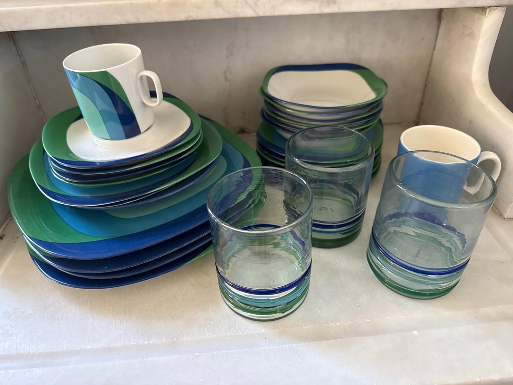 Ceramic Dinnerware Set, Mugs, and Glass Tumblers