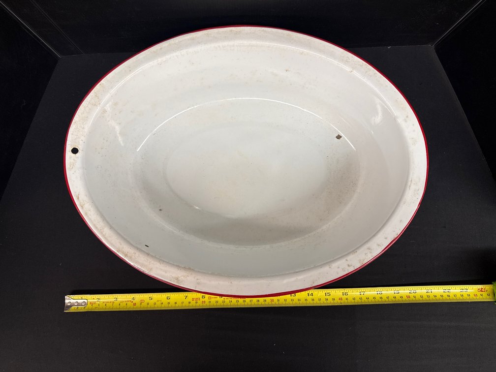 White Enamelware Oval Basin with Red Rim