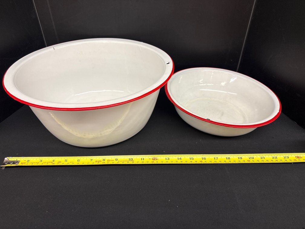 White Enamelware Basins with Red Rolled Rims