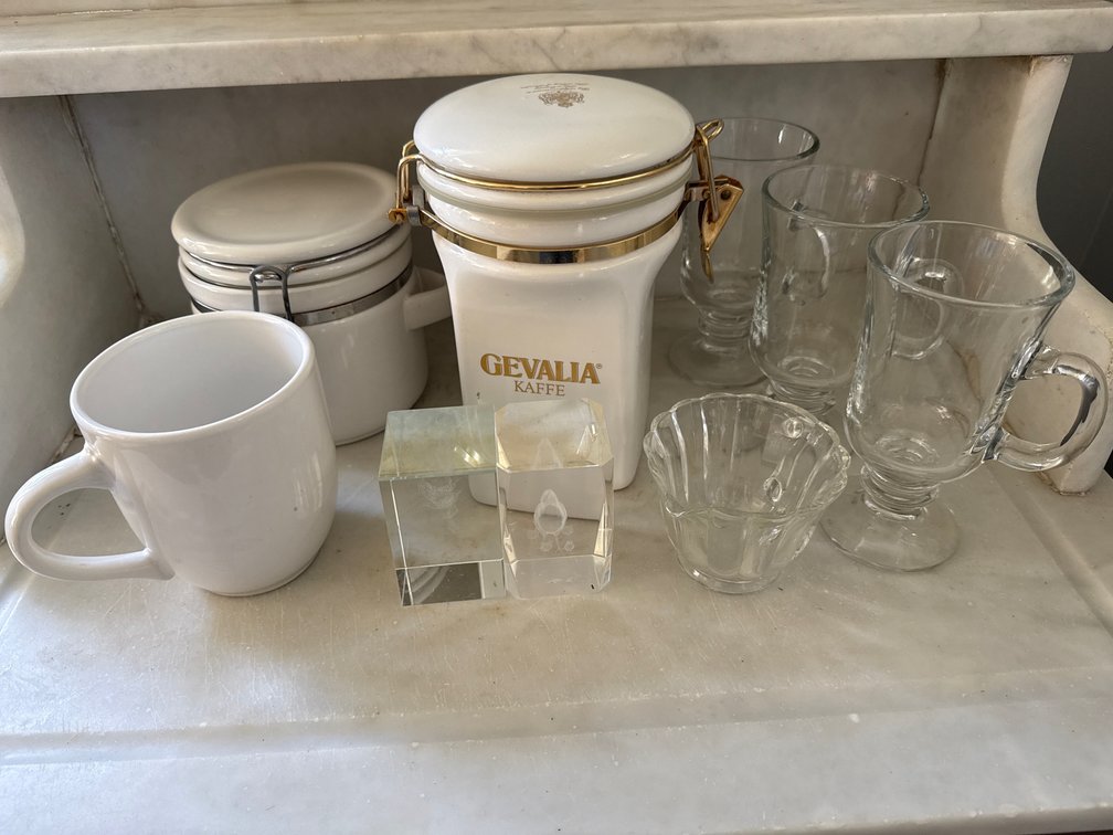 Ceramic Canisters, Glass Footed Mugs, and Glassware