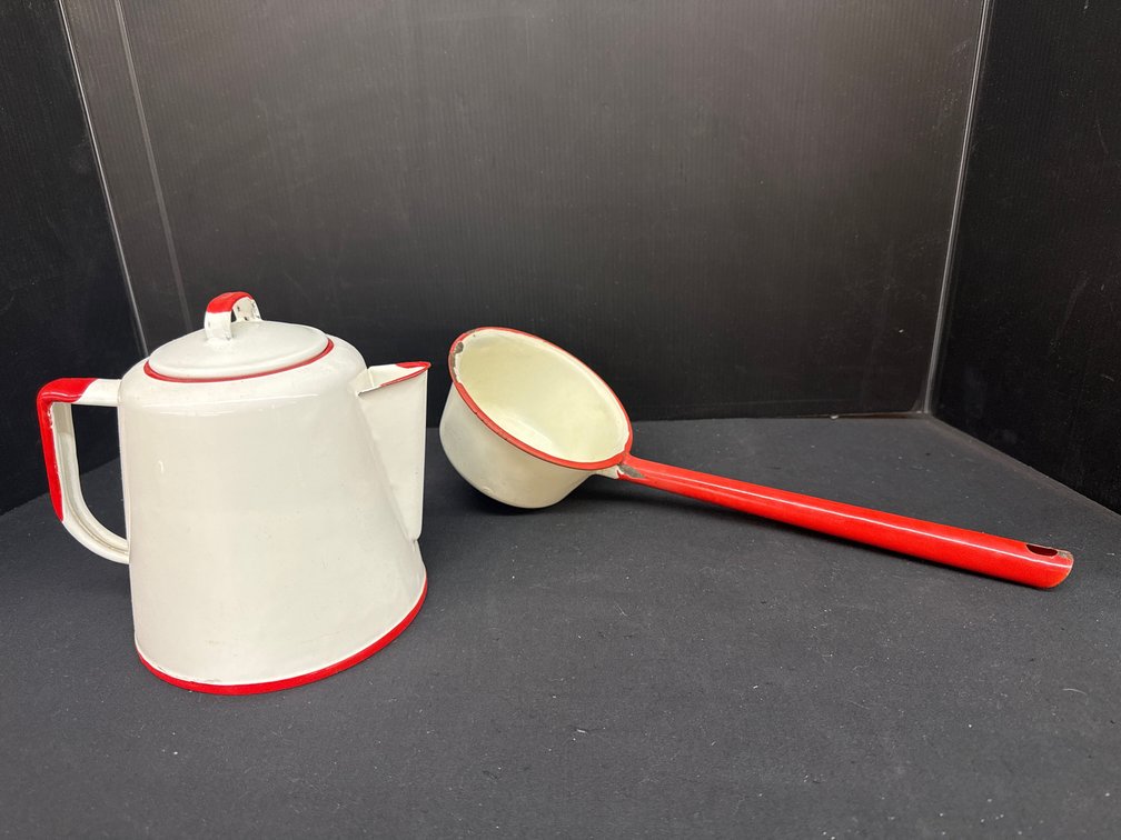 White and Red Enamelware Coffee Pot and Ladle