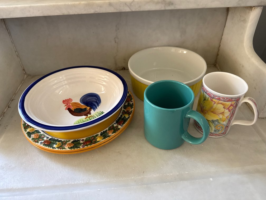 Ceramic Plates, Baking Dish, Rooster Bowl, and Mugs