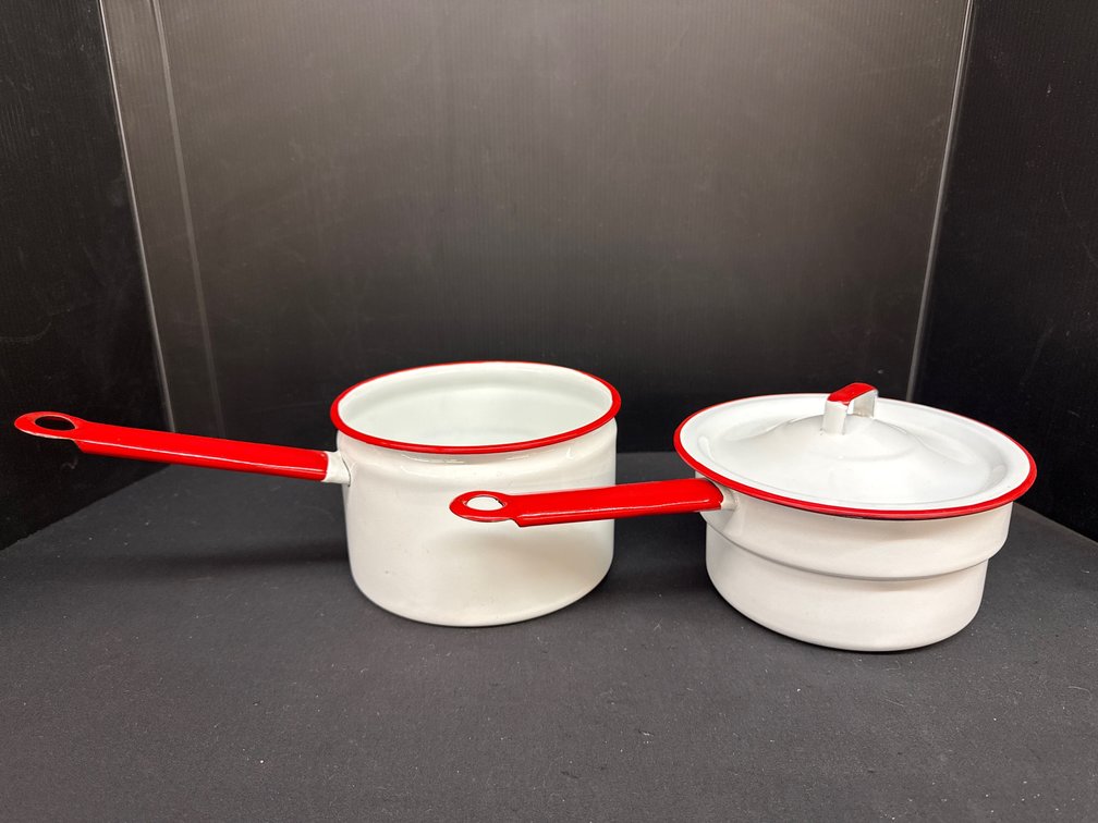 White and Red Enamelware Saucepans with Lid