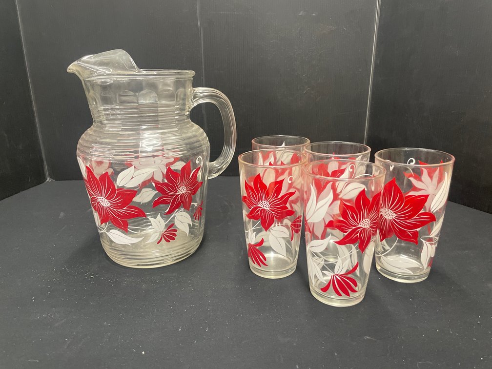 Glass Pitcher and Five Tumblers with Red Floral Pattern