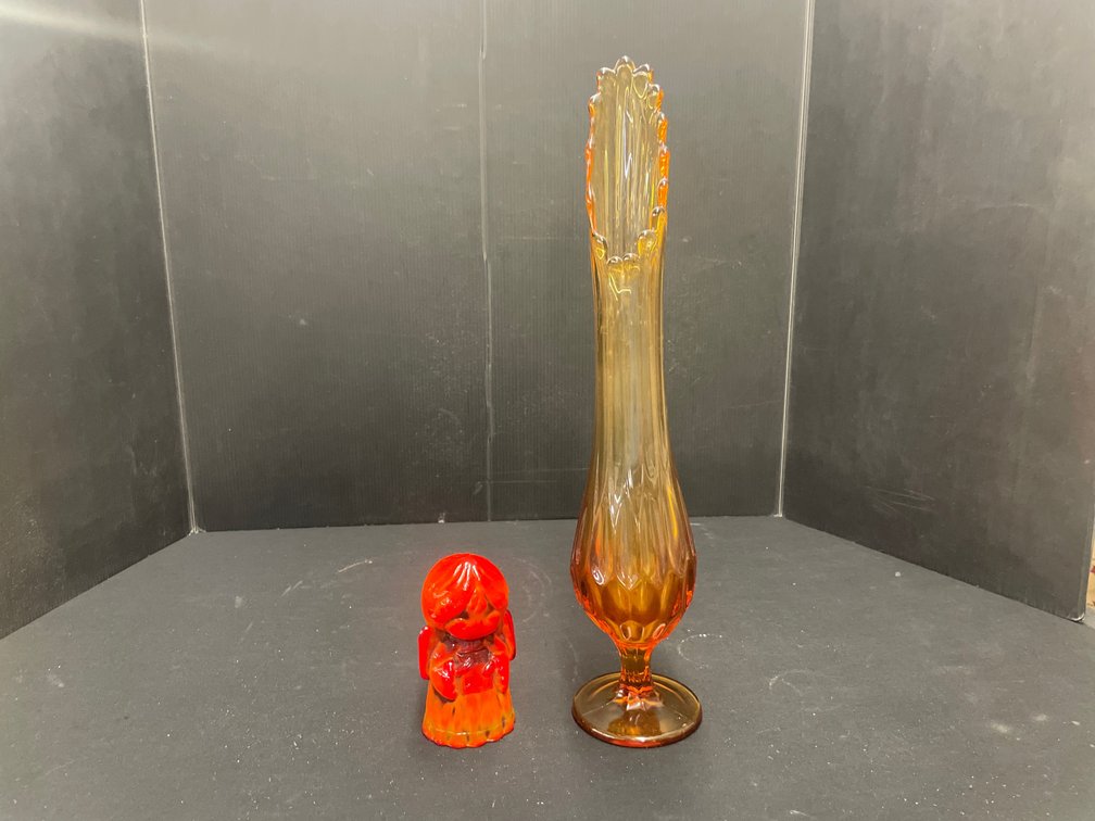 Amber Swung Glass Vase and Slag Glass Angel Figurine