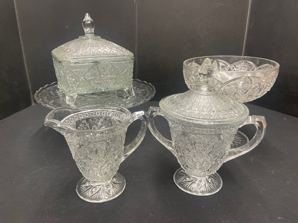 Pressed and Cut Clear Glass Tableware and Cake Stand